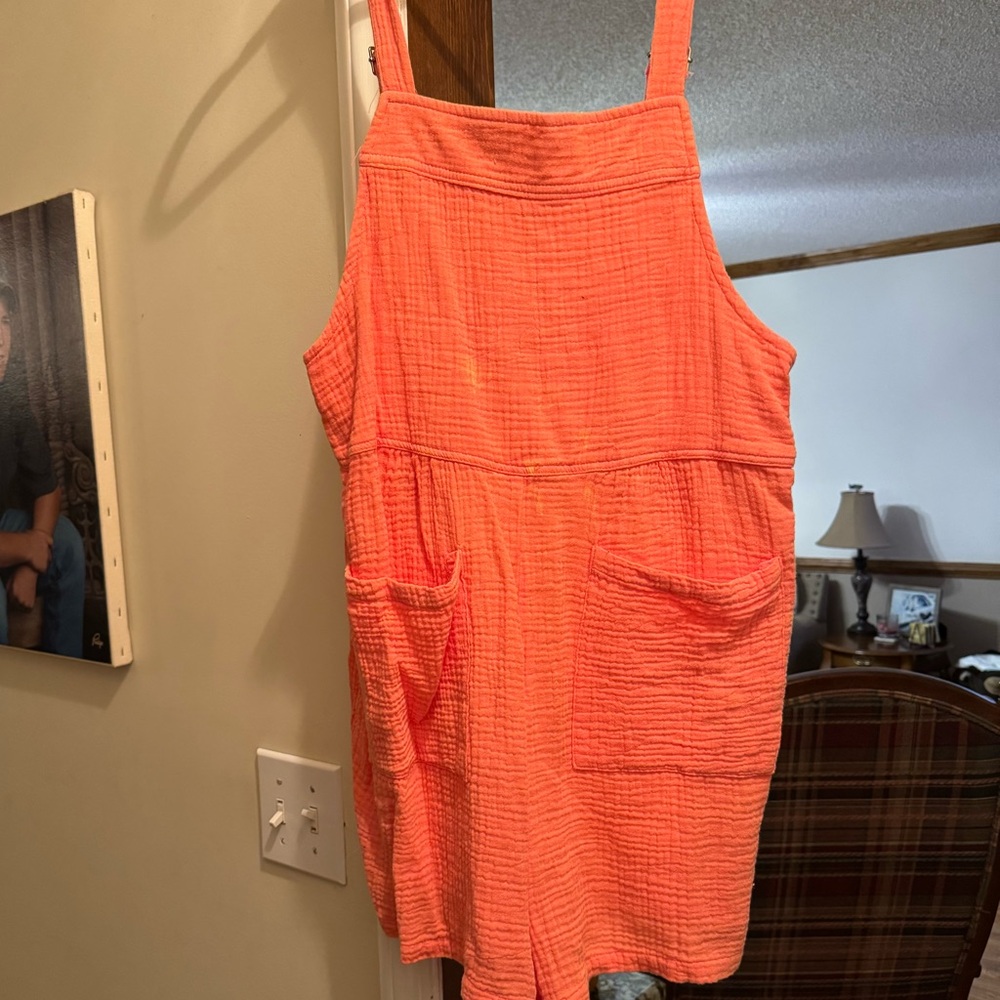 Pink Lily Coral Textured Romper with Pockets